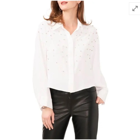 VINCE CAMUTO Crystal Embellished Crepe Button-Up Shirt Sz S White NWT - Picture 1 of 13